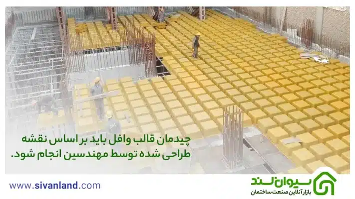 0 تا 100 اجرای سقف وافل | آشنایی با انواع و چگونگی اجرا 34 34 چیدمان قالب وافل باید بر اساس نقشه طراحی شده توسط مهندسین انجام شود