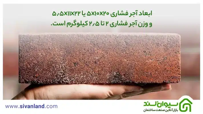 وزن آجر فشاری چقدر است؟ هر تن آجر فشاری چند عدد است؟ 1 1 ابعاد آجر فشاری 5*10*20 یا 5.5*11*22 و وزن آجر فشاری 2 تا 2.5 کیلوگرم است.