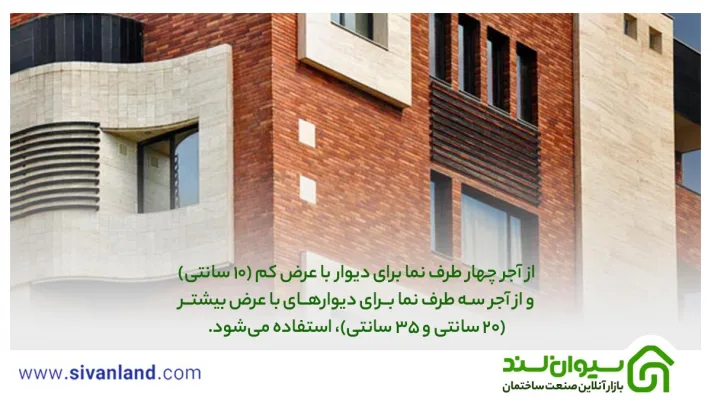 معرفی کامل و جامع آجر لفتون و ویژگیهای آن 24 24 از آجر چهار طرف نما برای دیوار با عرض کم (10 سانتی) و از آجر سه طرف نما برای دیوارهای با عرض بیشتر (20 سانتی و 35 سانتی)، استفاده میشود.