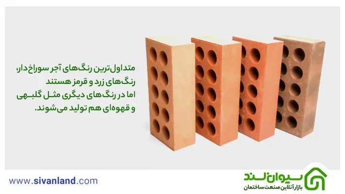 معرفی کامل و جامع آجر لفتون و ویژگیهای آن 25 25 متداولترین رنگهای آجر سوراخدار، رنگهای زرد و قرمز هستند اما در رنگهای دیگری مثل گلبهی و قهوهای هم تولید میشوند.