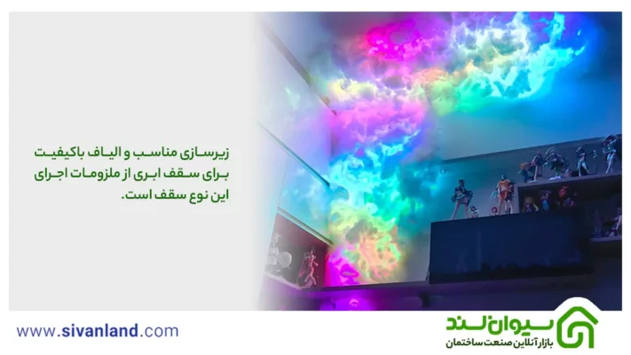 ساخت سقف ابری | 4 ایده جذاب برای نورپردازی سقف ابری اتاق 53 58 زیرسازی مناسب و الیاف باکیفیت برای سقف ابری از ملزومات اجرای این نوع سقف است.