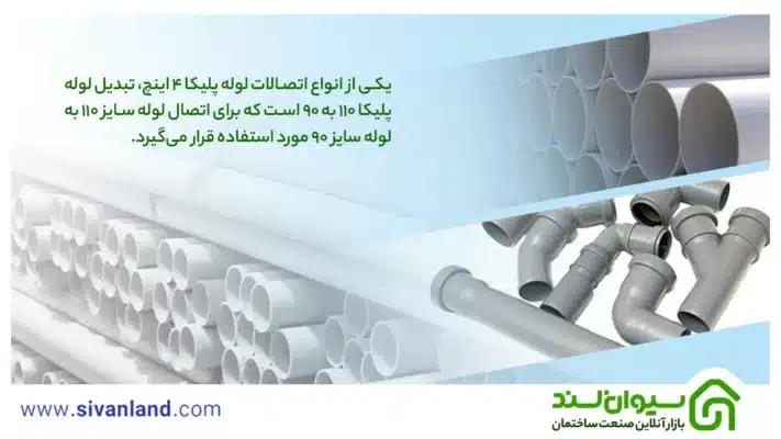 بررسی لوله پلیکا ۴ اینچ + وزن، ضخامت، کاربردها و مزایای آن 2 2 یکی از انواع اتصالات لوله پلیکا ۴ اینچ، تبدیل لوله پلیکا 110 به 90 است که برای اتصال لوله سایز 110 به لوله سایز 90 مورد استفاده قرار میگیرد.