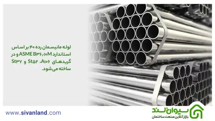 لوله مانیسمان رده 40 چیست؟ +بررسی مشخصات لوله مانیسمان رده 40 2 2 لوله مانیسمان رده 40 بر اساس استاندارد ASME B36.10M و در گریدهای A106، St52 و St37 ساخته میشود.