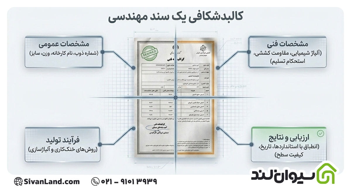 سرتیفیکیت میلگرد چیست؟ | آشنایی کامل با گواهینامه فنی میلگرد 2 2 چه مشخصاتی در گواهی فنی میلگرد ثبت میشود؟